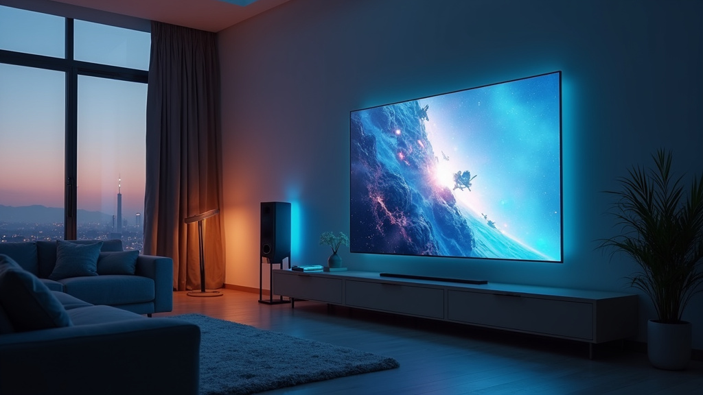 Installation home cinéma moderne avec écran géant, enceintes surround et canapé confortable
