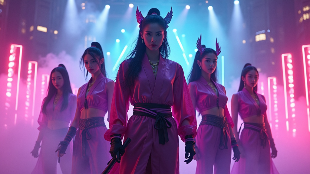 Affiche stylisée du film KPop Demon Hunters montrant les personnages de Huntrix