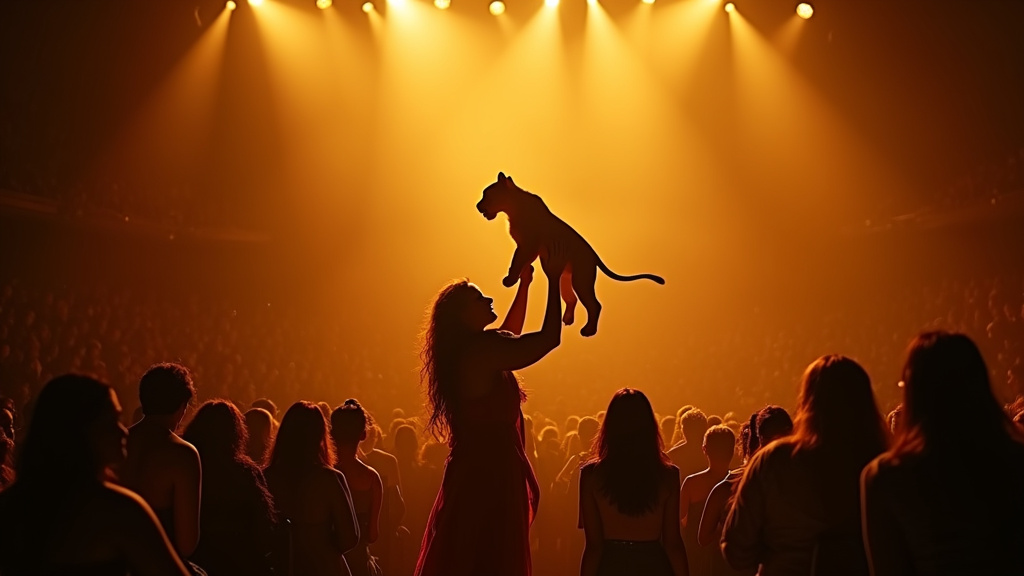 Scène emblématique du Roi Lion au Théâtre Mogador avec les personnages principaux